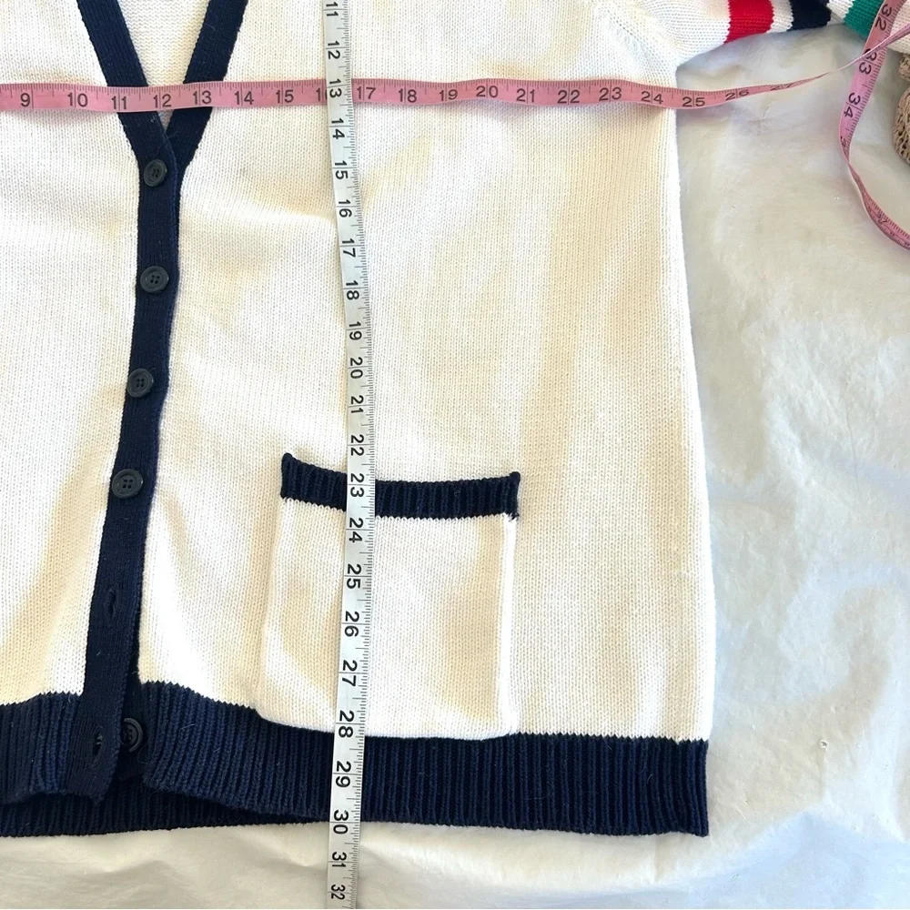 Vintage 80-90s Preppy Collegiate Ivory Crested Striped Cardigan L Princess Diana